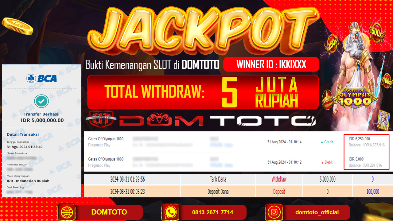 JACKPOT MENANG OLYMPUS 1000 31 AGUSTUS 2024